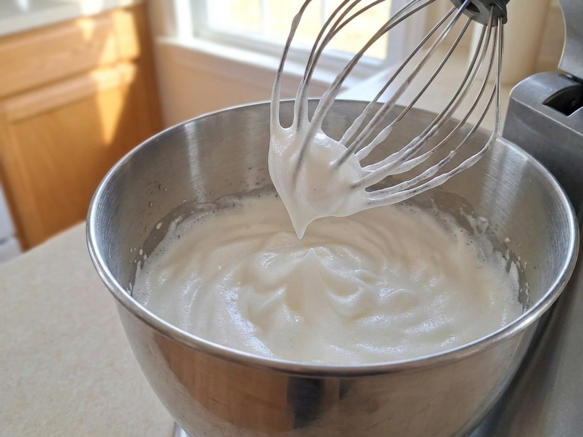 Egg whites whipped to soft peaks in a stand mixer bowl with a whisk attachment