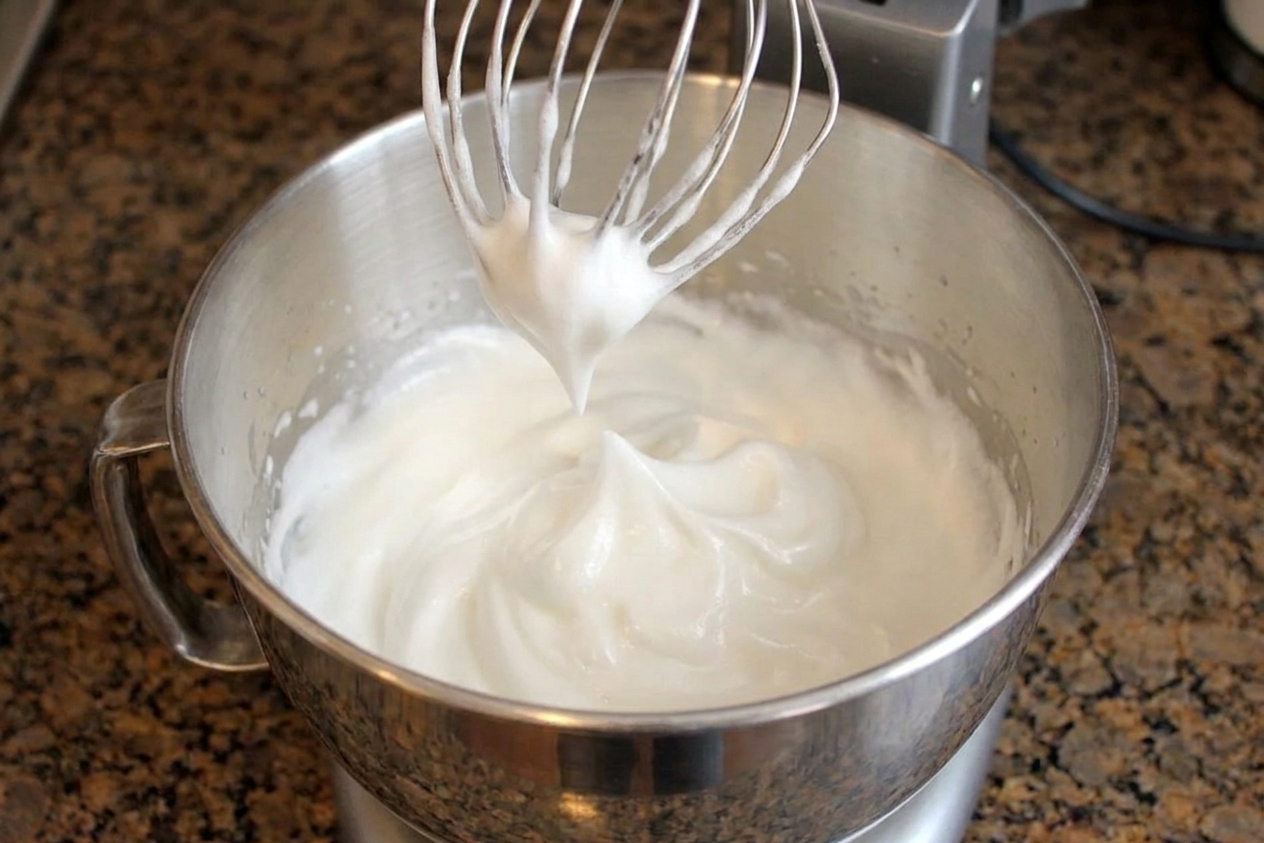 Egg whites whipped to soft peaks in a stand mixer bowl with the whisk attachment lifted slightly