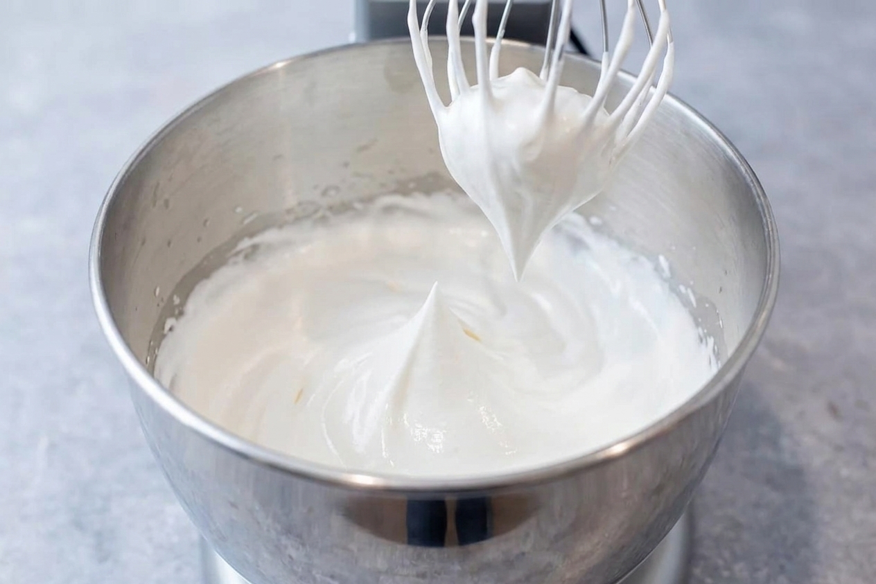 Egg whites whipped to stiff glossy peaks in a stand mixer bowl with the whisk attachment lifted