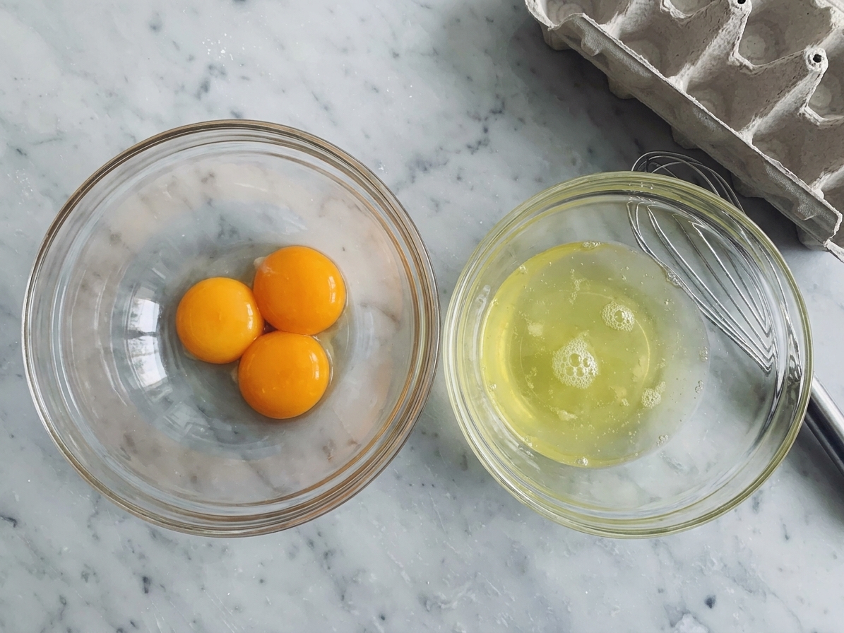 Egg yolks and egg whites separated into two clean bowls on a kitchen counter, ready for mixing