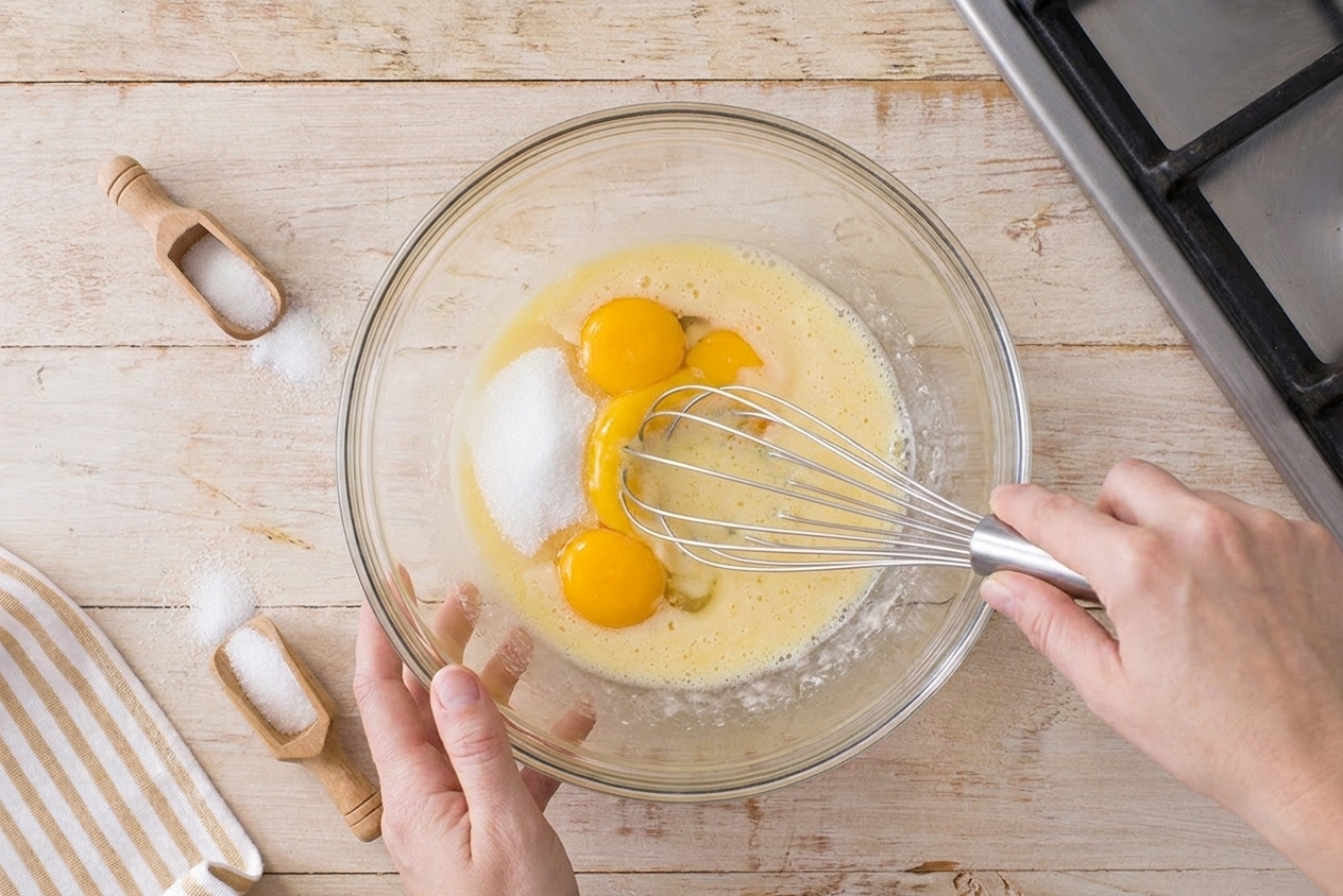 Egg yolks and sugar being whisked in a clear glass mixing bowl on a kitchen counter