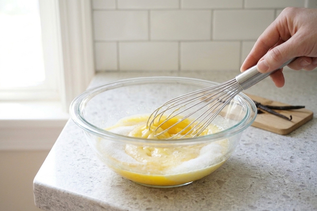 Egg yolks and sugar being whisked in a clear glass bowl on a kitchen counter
