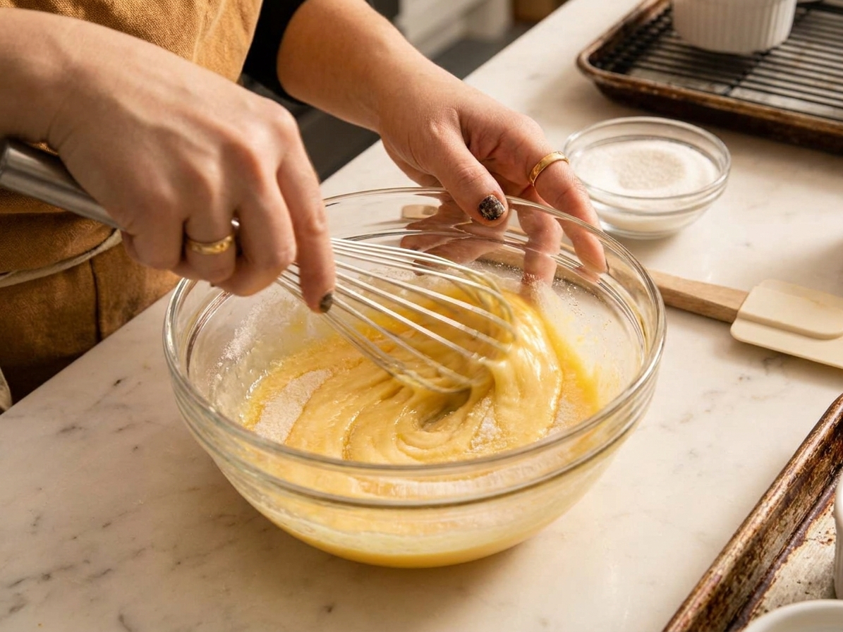 Egg yolks and sugar being whisked in a glass bowl on a light kitchen counter