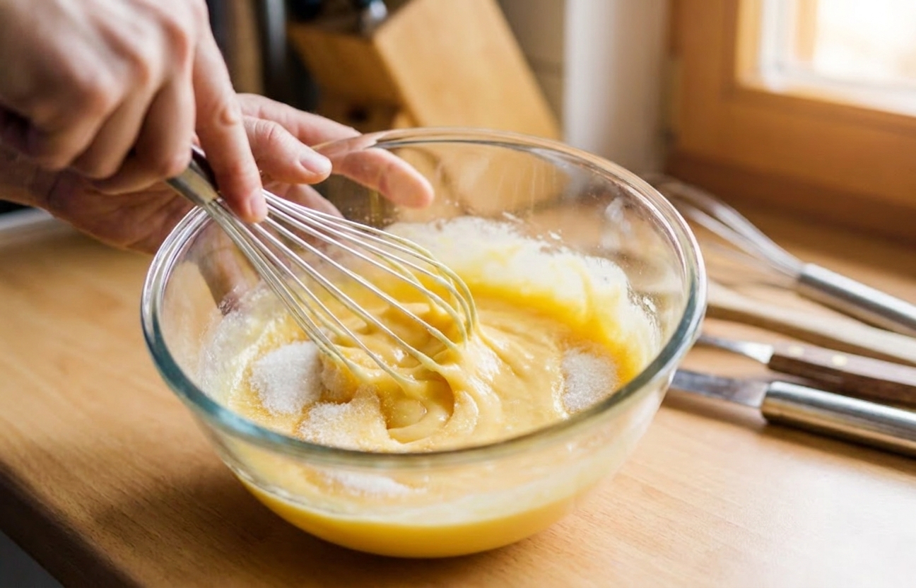 Egg yolks and sugar being whisked in a glass bowl until pale and smooth on a kitchen counter