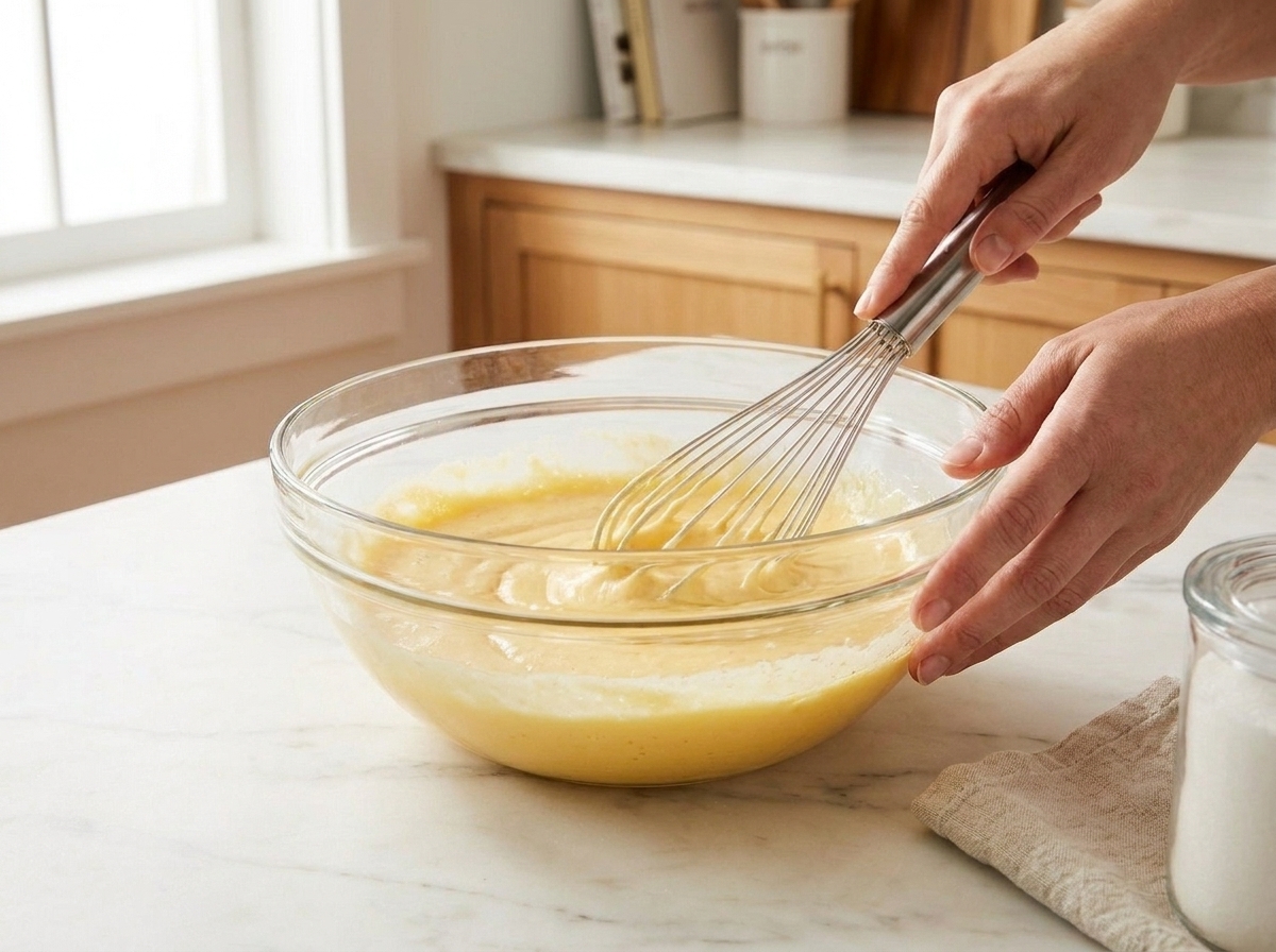 Egg yolks and sugar being whisked in a large mixing bowl until pale and thick on a bright kitchen counter