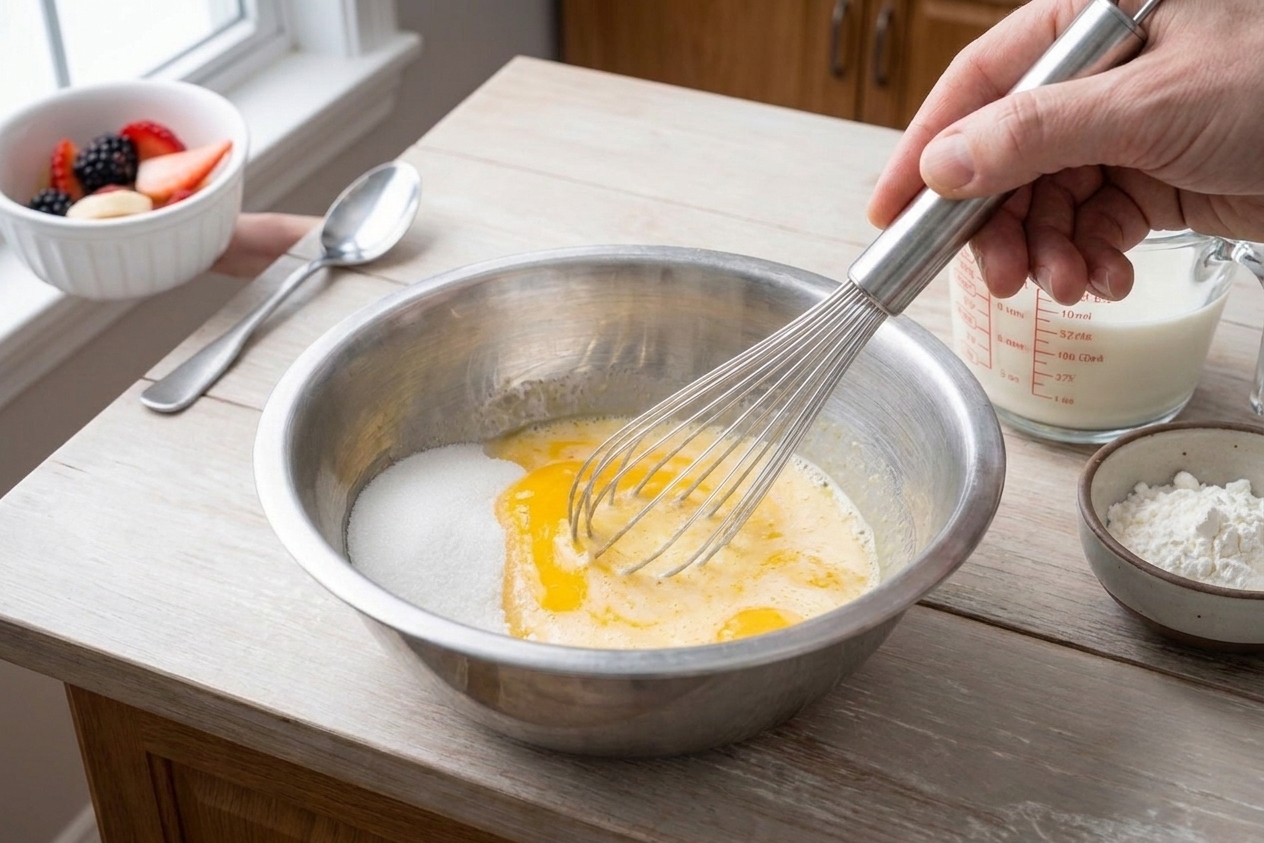 Egg yolks and sugar being whisked in a mixing bowl on a kitchen counter, with milk and cornstarch nearby