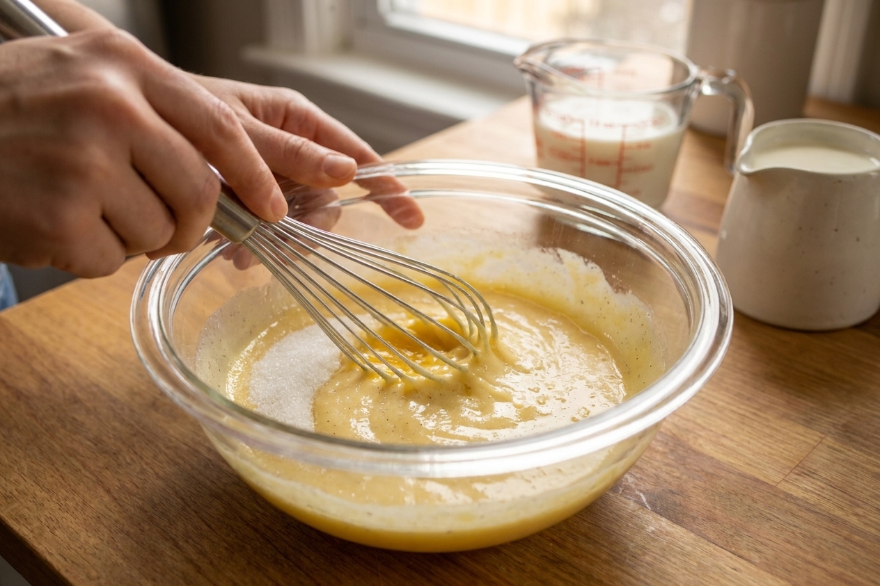 Egg yolks and sugar being whisked together in a glass bowl on a kitchen counter, with milk and cream nearby