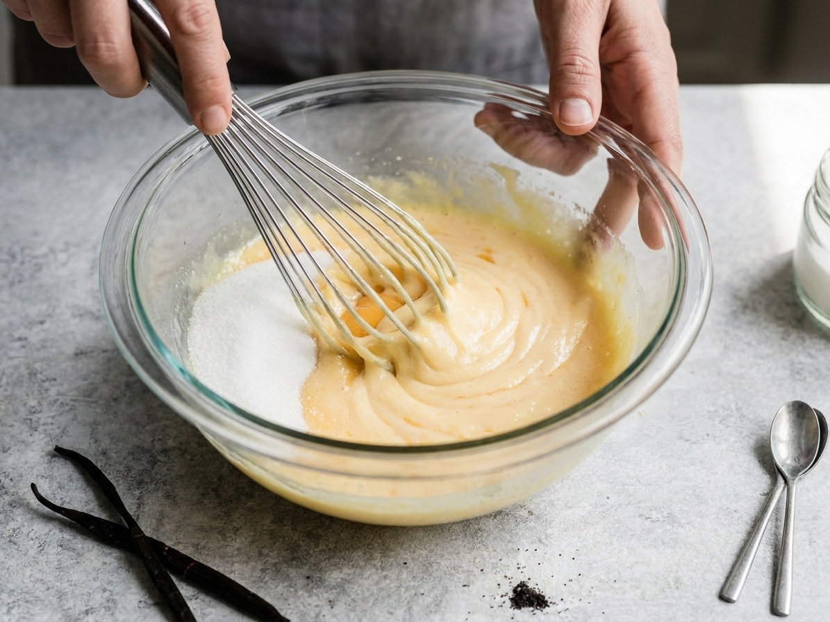 Egg yolks and sugar in a mixing bowl being whisked until pale on a kitchen counter
