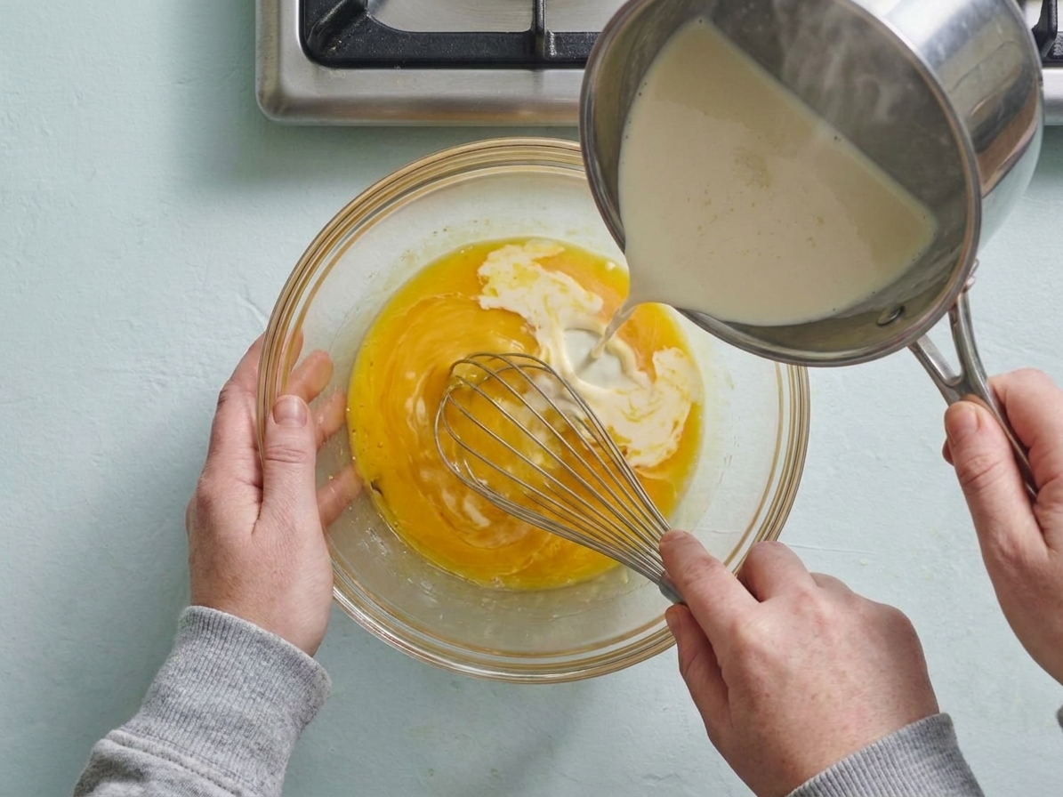 Egg yolks being whisked in a bowl while warm cream is poured in a thin stream to temper them