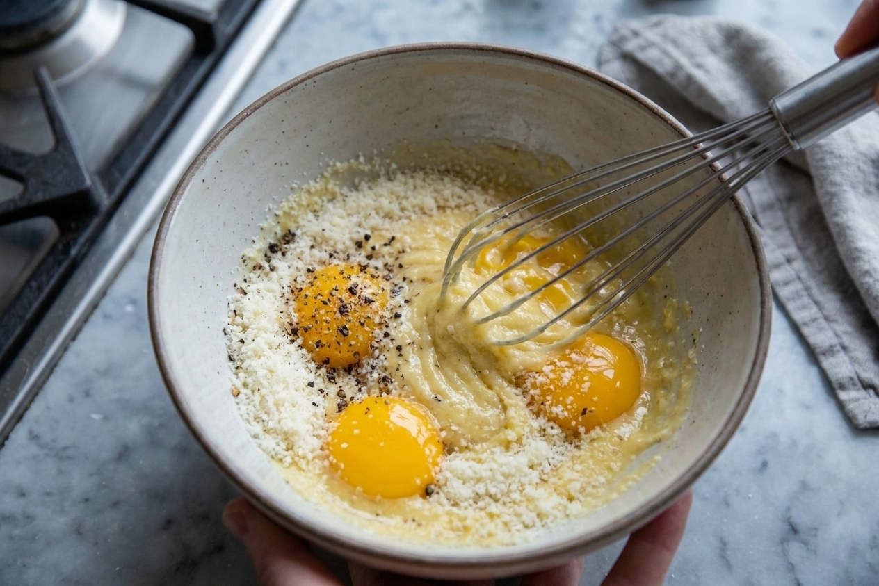 Egg yolks being whisked with finely grated Parmesan and black pepper in a heatproof bowl on a kitchen counter