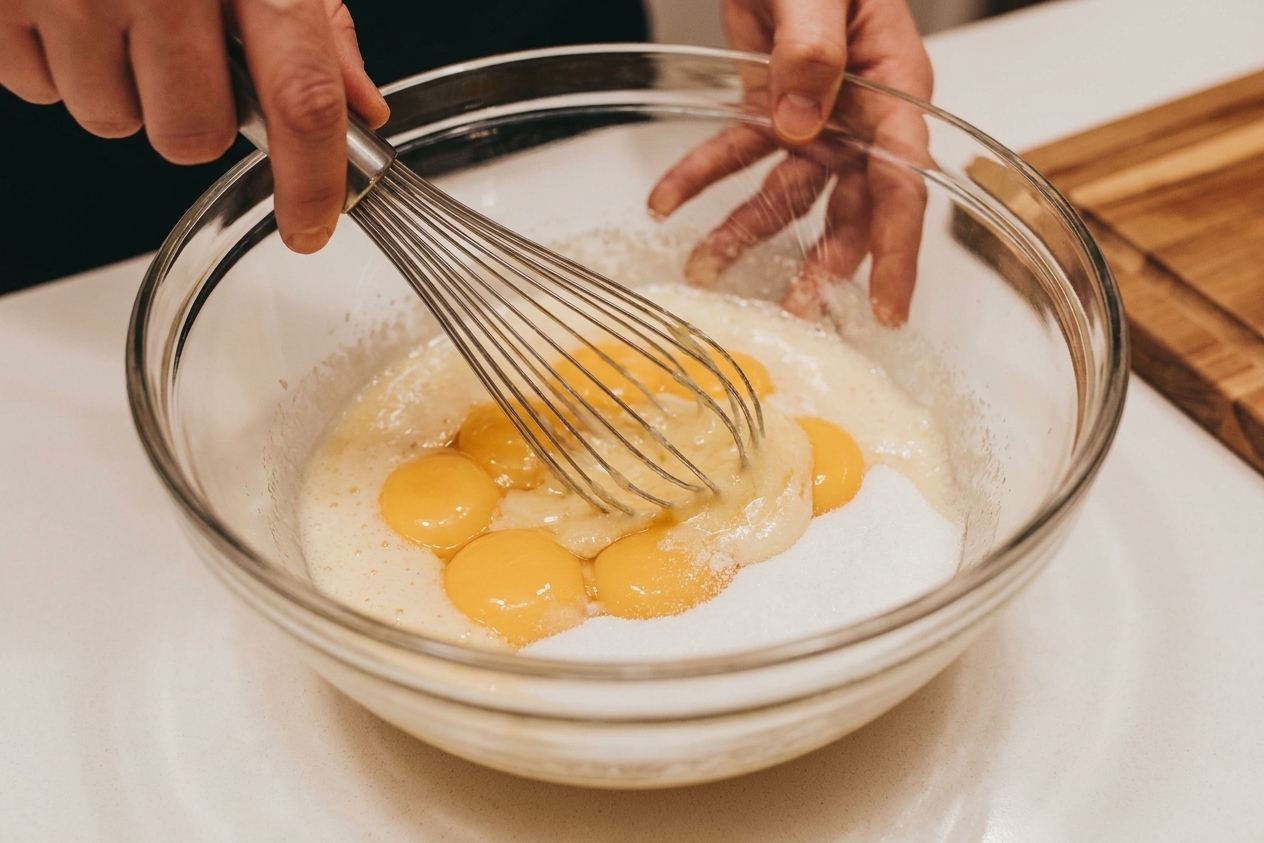 Egg yolks being whisked with sugar in a glass mixing bowl on a kitchen counter