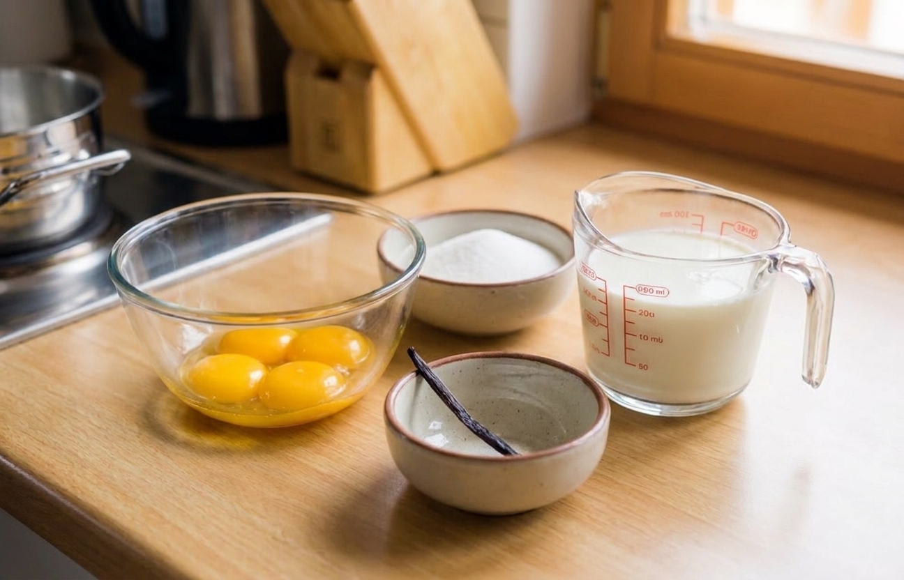 Egg yolks in a glass bowl next to a small bowl of sugar, a vanilla bean, and a measuring cup of milk and cream on a bright kitchen counter