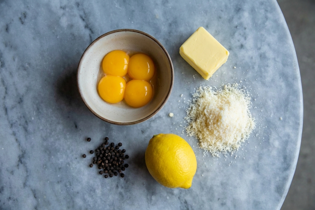Egg yolks in a small bowl next to butter, grated Parmesan, a lemon, and black pepper on a clean kitchen counter