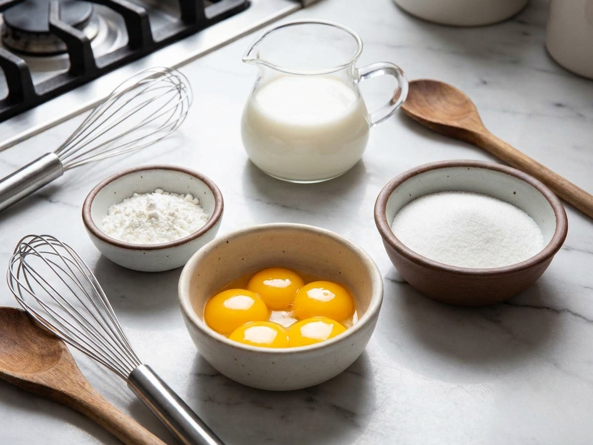 Egg yolks, sugar, cornstarch, and milk measured out in bowls on a kitchen counter ready to make pastry cream