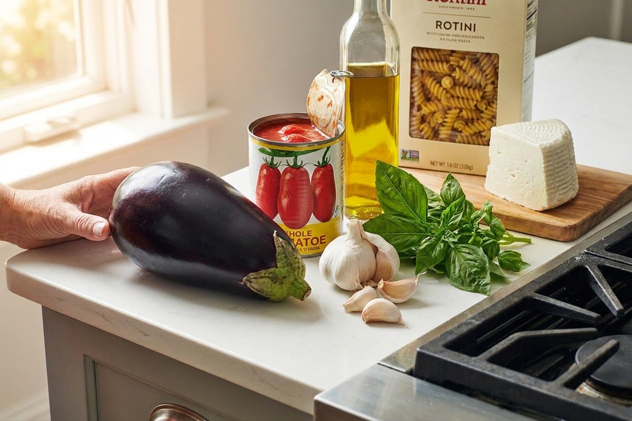 Eggplant, canned tomatoes, garlic, basil, olive oil, pasta, and ricotta salata arranged on a clean kitchen counter with warm natural light