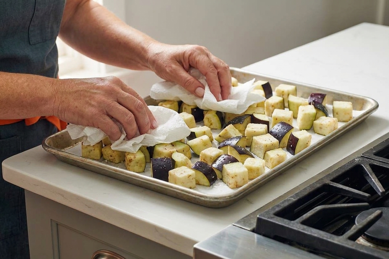 Eggplant cubes being patted dry with paper towels on a rimmed baking sheet in a home kitchen