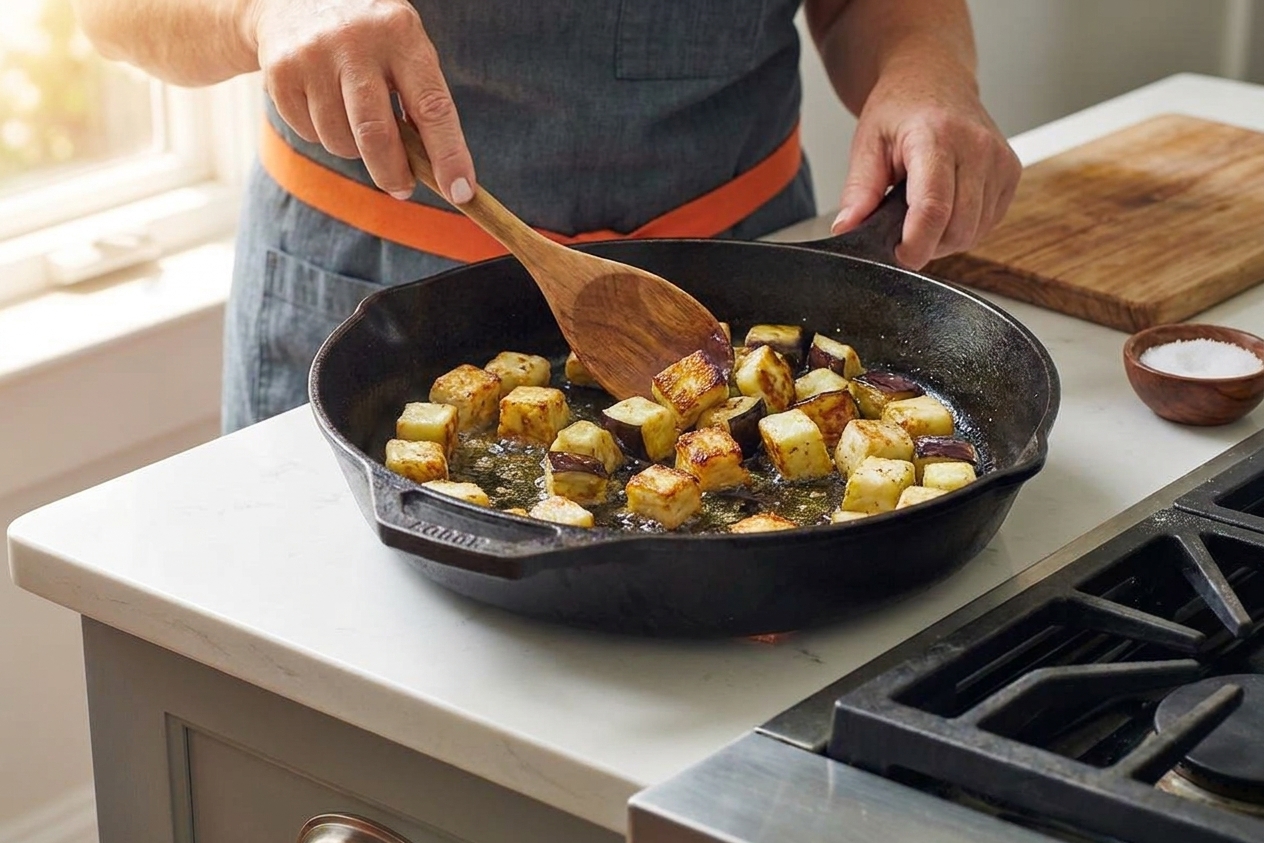 Eggplant cubes sizzling and browning in a large skillet with olive oil on a stovetop, showing golden edges forming