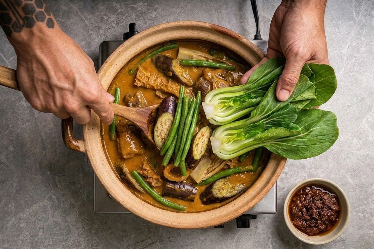 Eggplant, green beans, and bok choy being added to a pot of kare-kare on the stove, vegetables vibrant and fresh