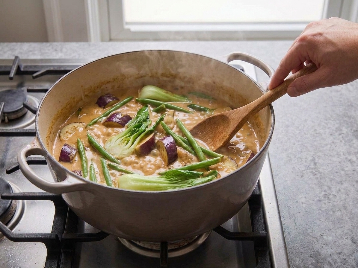 Eggplant, long beans, and bok choy simmering in a pot of peanut sauce on the stove