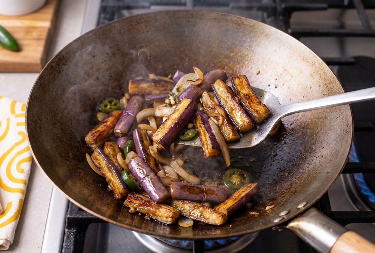 Eggplant pieces browning in a hot wok with a sheen of oil, showing crisp golden edges