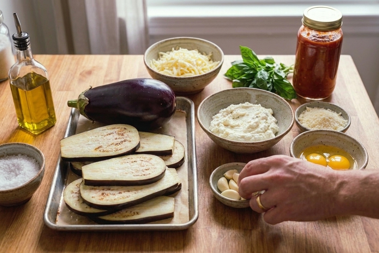 Eggplant, ricotta, mozzarella, parmesan, eggs, garlic, basil, and a jar of marinara arranged on a clean kitchen counter under soft natural light