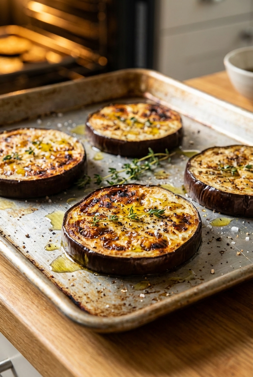 Eggplant rounds roasting on a sheet pan with browned edges