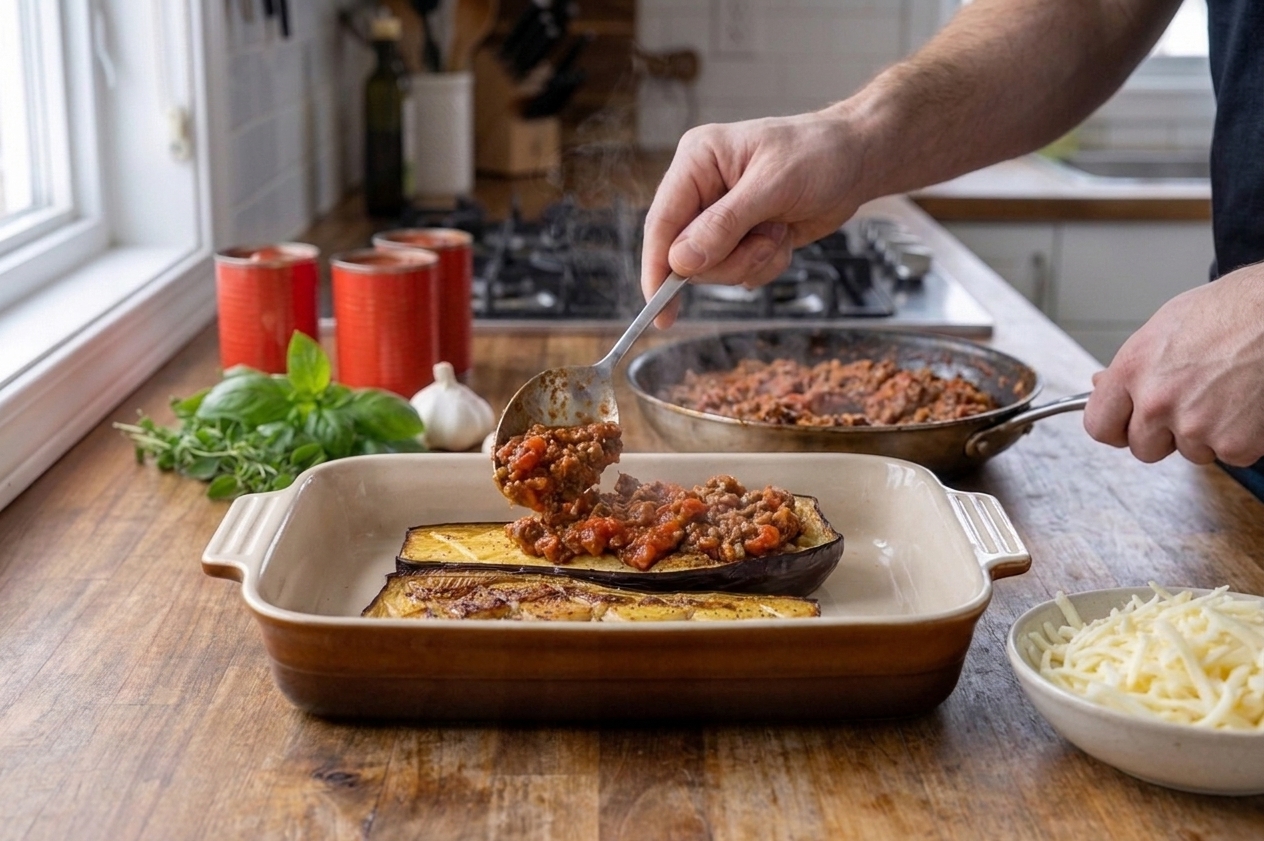 Eggplant shells in a baking dish being filled with a tomato meat mixture before adding cheese