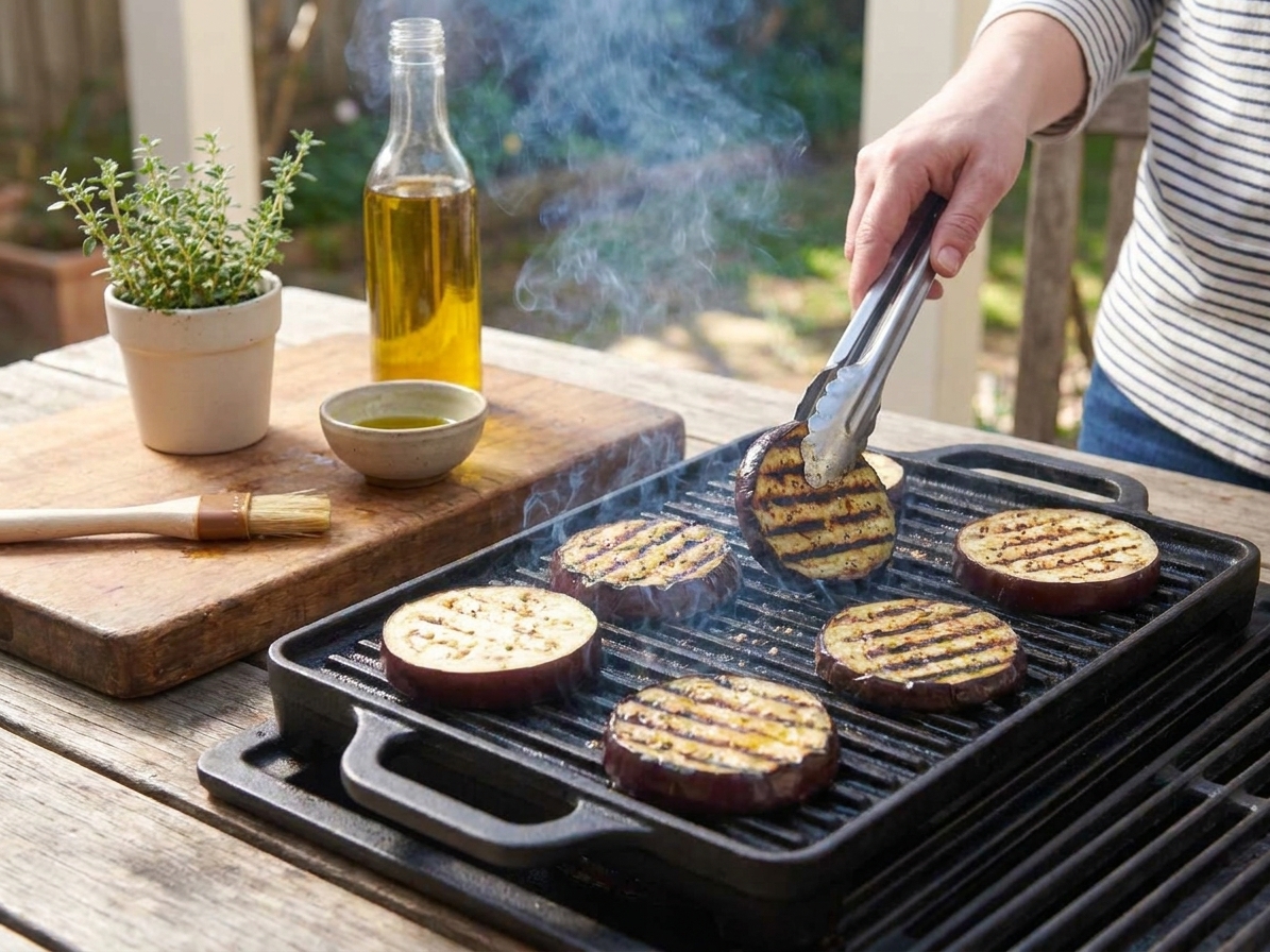 Eggplant slices cooking on a hot outdoor grill with visible grill marks and light smoke rising