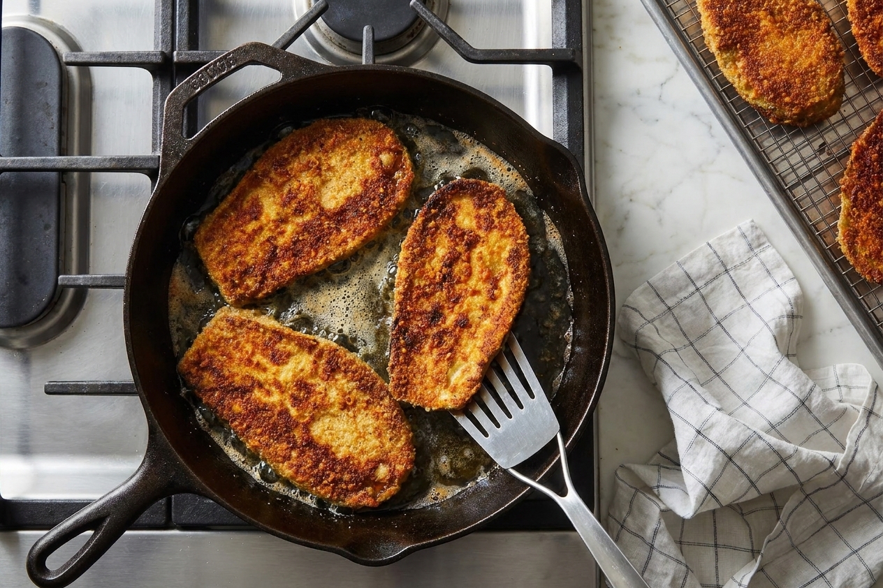 Eggplant slices frying in hot oil in a cast iron skillet on a stovetop, bubbles around the edges