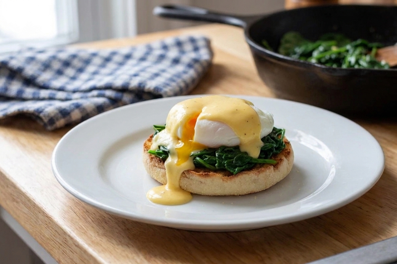 Eggs Florentine on a plate with sautéed spinach under a poached egg and hollandaise sauce dripping slightly onto the muffin