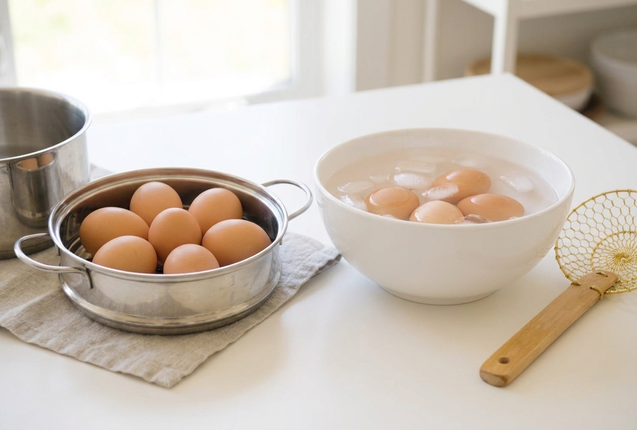 Eggs, a steamer basket, and a bowl of ice water set up on a bright kitchen counter