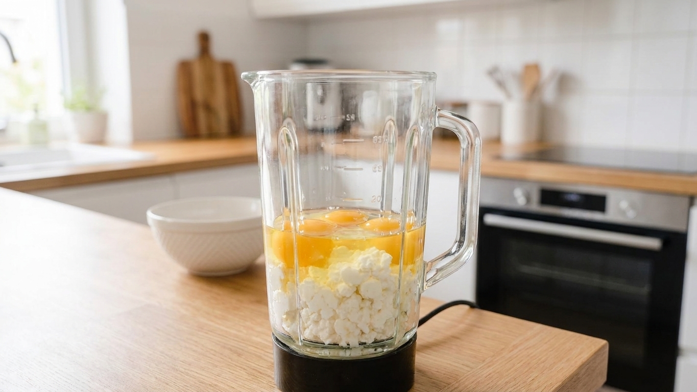 Eggs and cottage cheese in a blender jar on a kitchen counter, ready to be blended