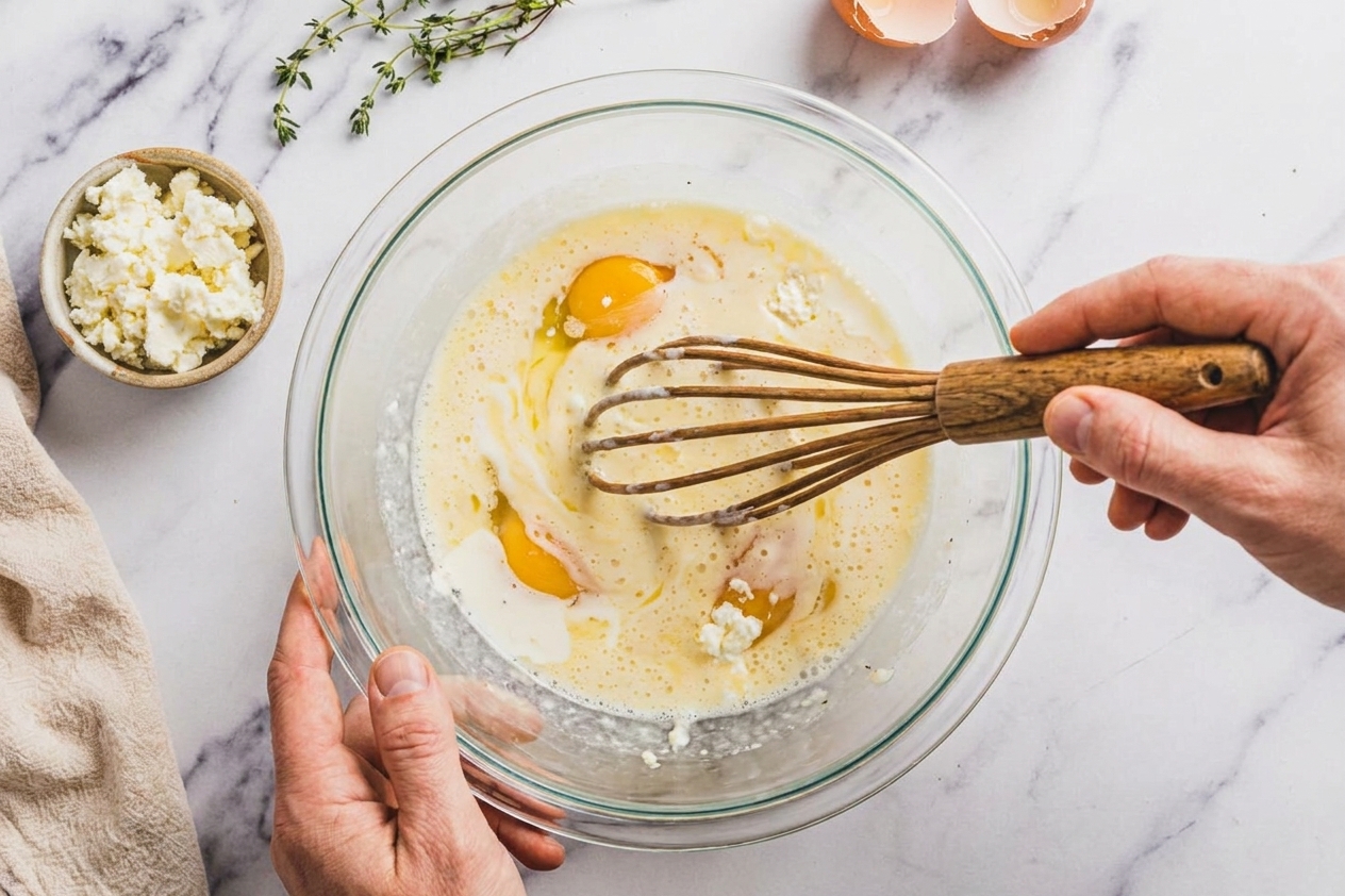 Eggs and dairy being whisked together in a glass mixing bowl on a kitchen counter