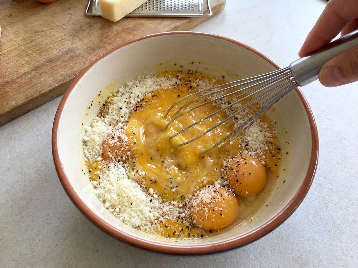 Eggs and egg yolks whisked with grated Pecorino Romano and black pepper until thick