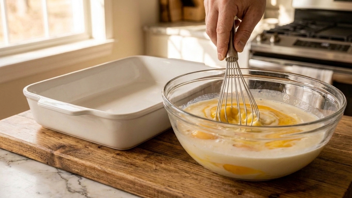 Eggs and evaporated milk being whisked together in a large glass bowl on a kitchen counter