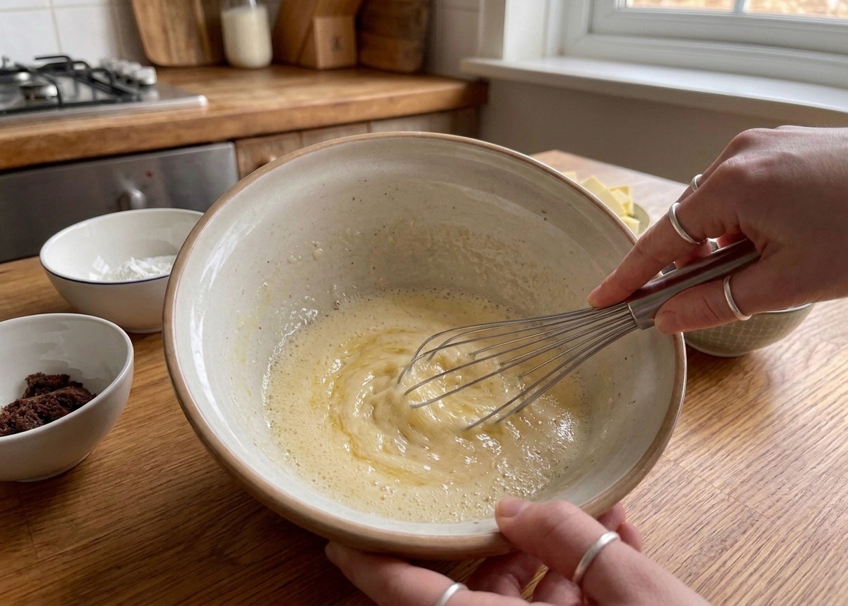 Eggs and sugar being vigorously whisked in a large mixing bowl on a kitchen counter