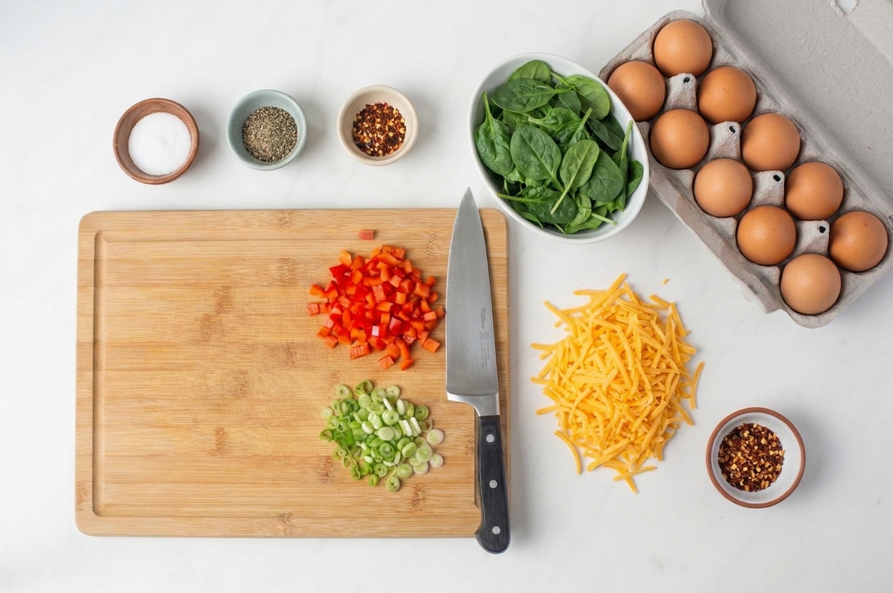 Eggs, baby spinach, shredded cheddar, diced red bell pepper, sliced scallions, and small bowls of seasonings arranged on a clean kitchen counter