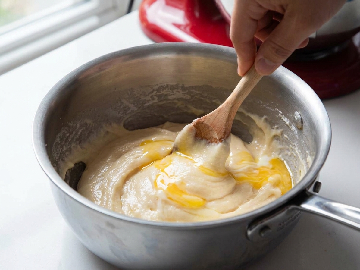 Eggs being mixed into zeppole dough in a mixing bowl until smooth and glossy