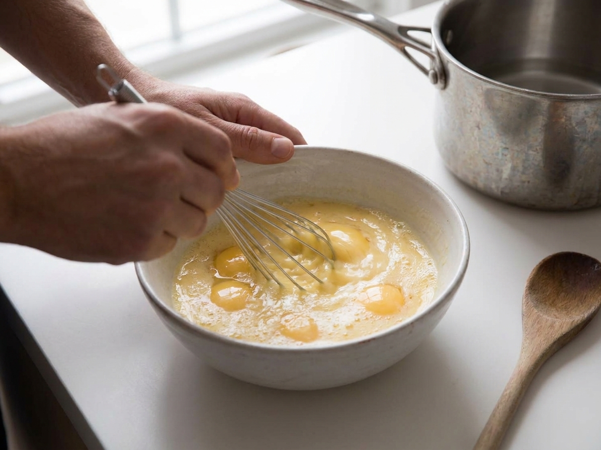 Eggs being whisked in a bowl until smooth
