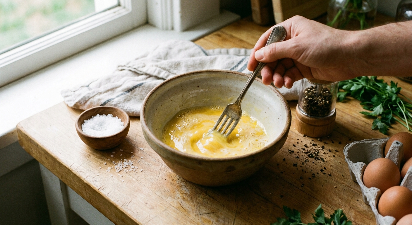 Eggs being whisked in a bowl with a fork, with salt and pepper nearby on a kitchen counter