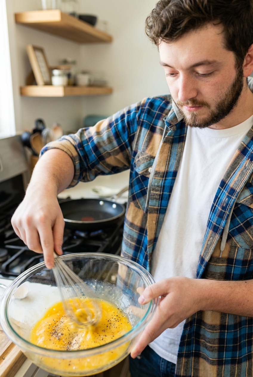 Eggs being whisked in a bowl with salt and pepper, with a nonstick skillet heating on the stove in the background