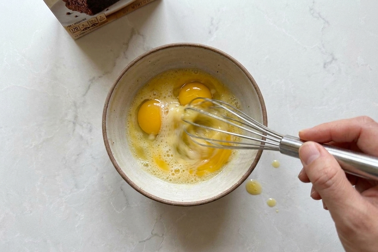 Eggs being whisked in a mixing bowl until frothy on a kitchen counter