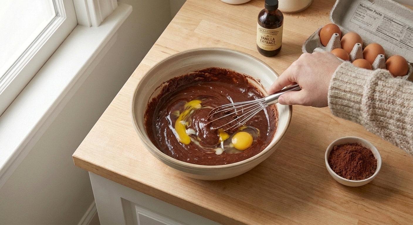 Eggs being whisked into a bowl of glossy chocolate batter on a kitchen counter