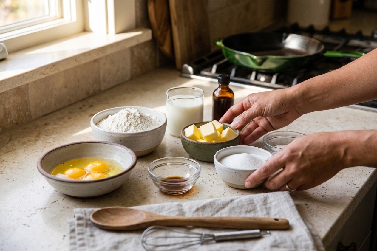 Eggs, flour, milk, butter, sugar, and vanilla measured out in small bowls on a clean kitchen counter with warm natural light