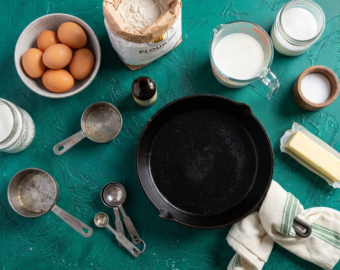 Eggs, flour, milk, sugar, vanilla, salt, and butter arranged on a clean kitchen counter with measuring tools