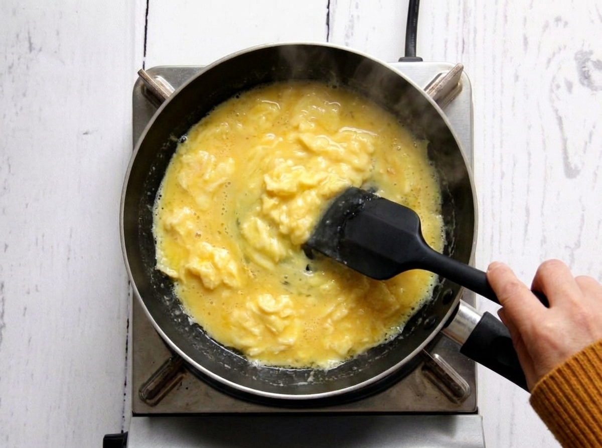 Eggs gently cooking in a nonstick skillet as a rubber spatula pushes soft curds toward the center