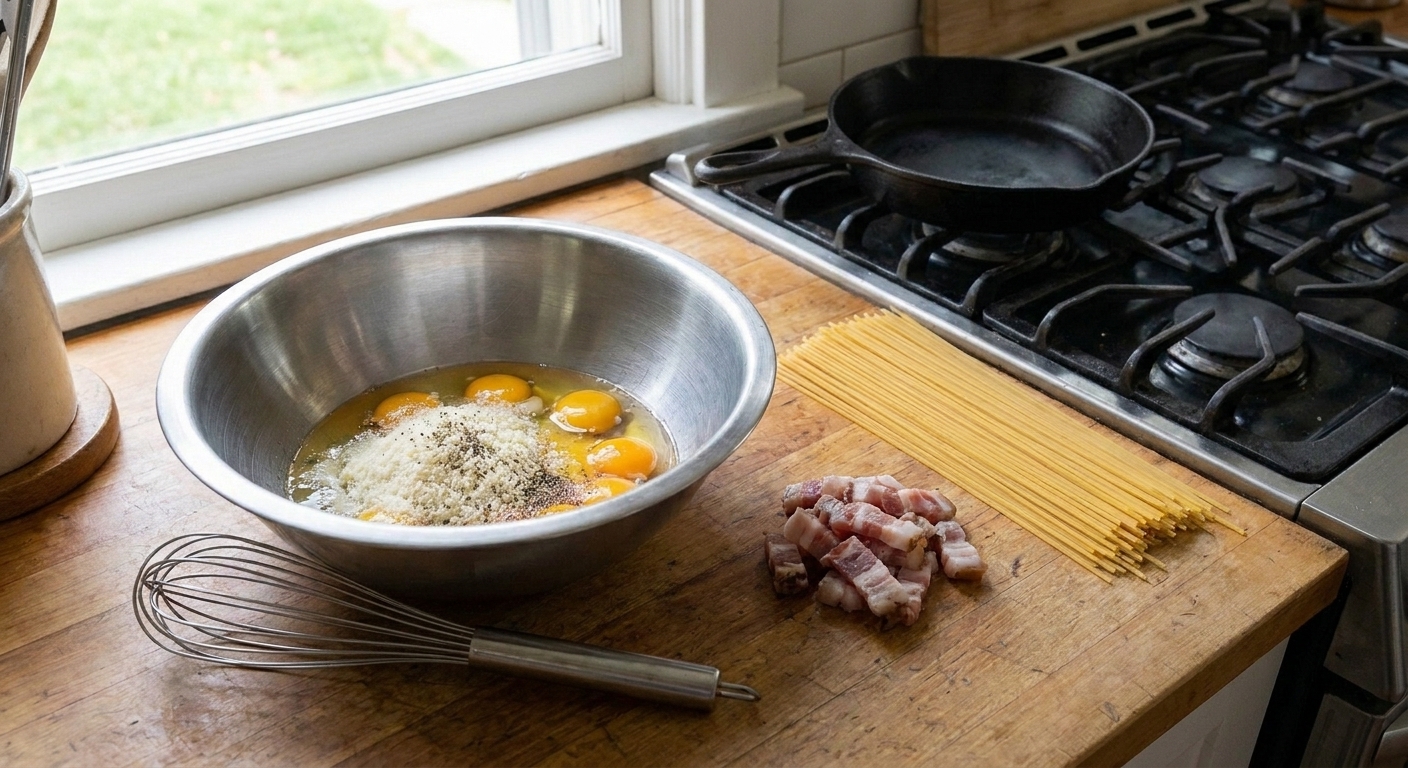 Eggs, grated Pecorino Romano, guanciale, black pepper, and dry spaghetti arranged on a clean kitchen counter with a mixing bowl and whisk
