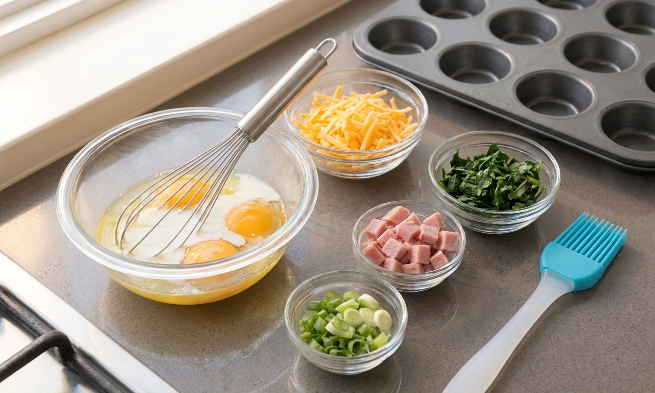 Eggs, milk, shredded cheese, diced ham, chopped spinach, and sliced green onions arranged in small bowls on a bright kitchen counter