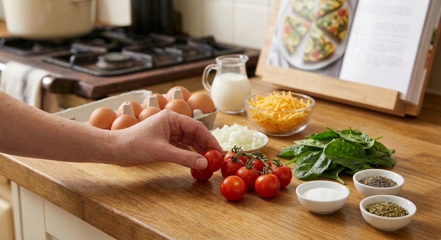 Eggs, milk, shredded cheese, diced onion, spinach, cherry tomatoes, and seasonings arranged on a kitchen counter