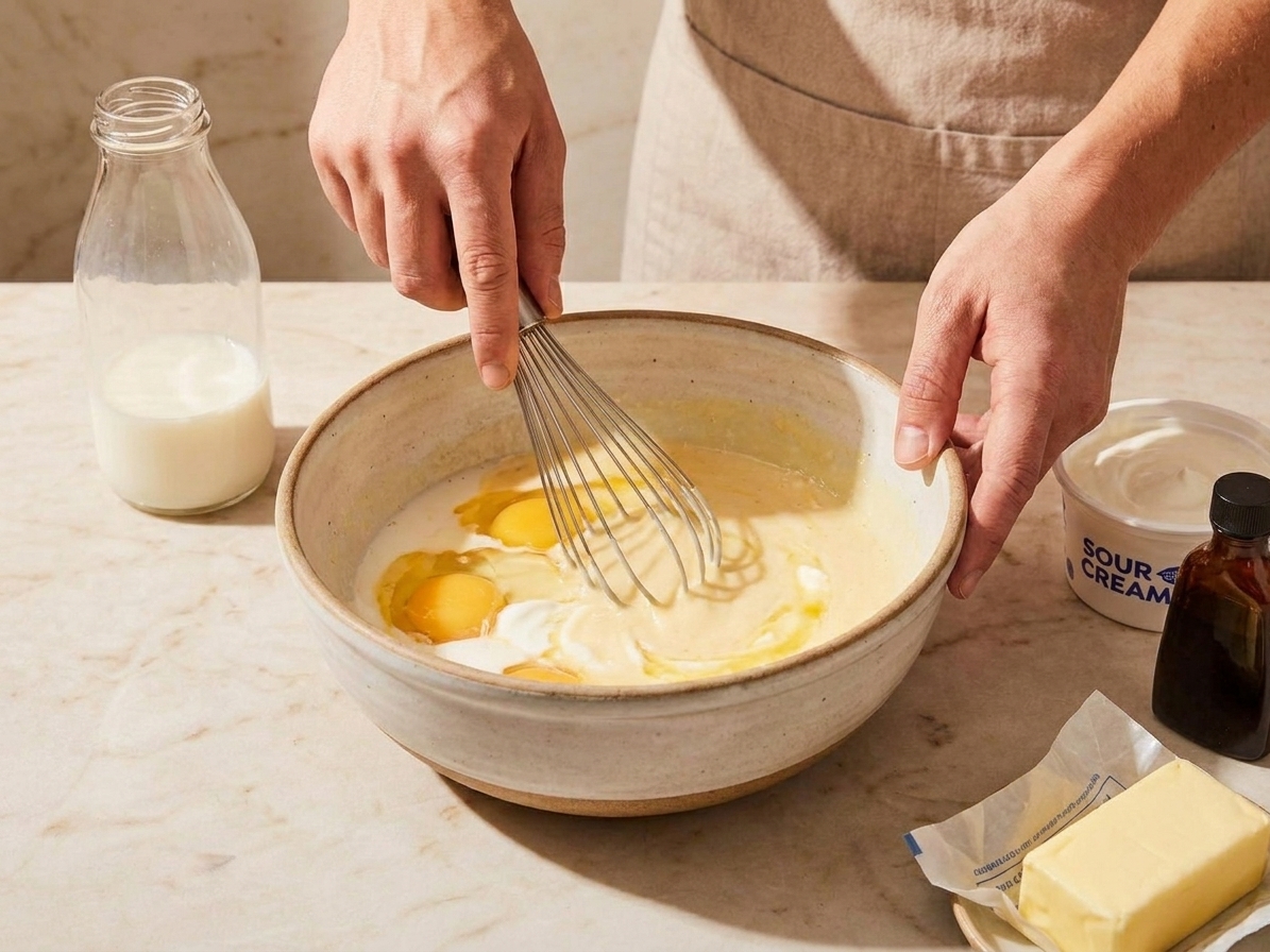 Eggs, milk, sour cream, melted butter, and vanilla being whisked until smooth in a bowl on a kitchen counter